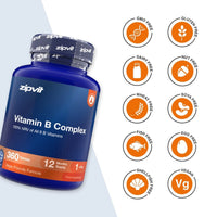 A blue bottle of zipvit Vitamin B Complex supplement shown on a white background with a column of orange circular icons indicating dietary features like GMO free, gluten free, dairy free, nut free, wheat free, soy free, fish free, egg free, shellfish free, and vegan.