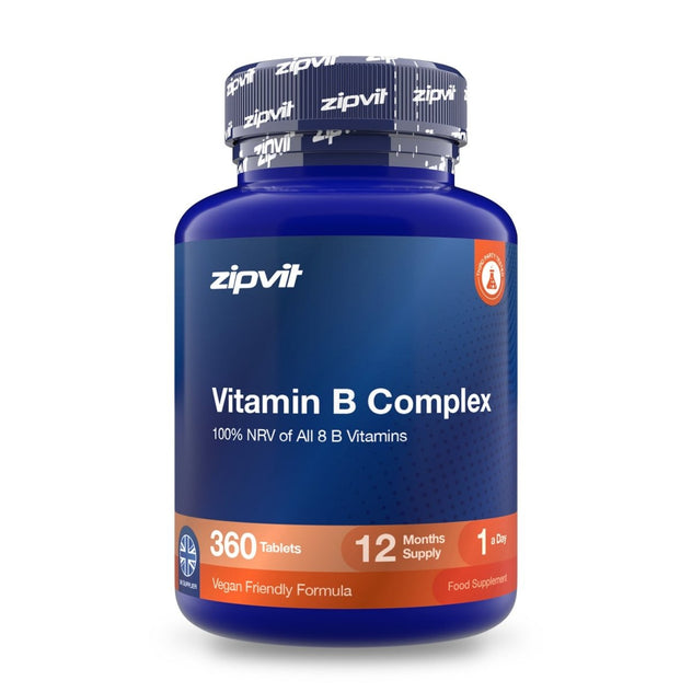 A blue plastic bottle of zipvit Vitamin B Complex dietary supplement, featuring a dark blue label with white text and an orange accent band at the bottom, set against a plain white background.