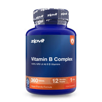 A blue plastic bottle of zipvit Vitamin B Complex dietary supplement, featuring a dark blue label with white text and an orange accent band at the bottom, set against a plain white background.
