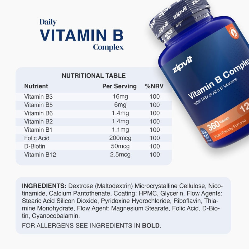 A blue bottle of zipvit Daily Vitamin B Complex supplement shown on a white background with a nutritional table, ingredients list, and product details.