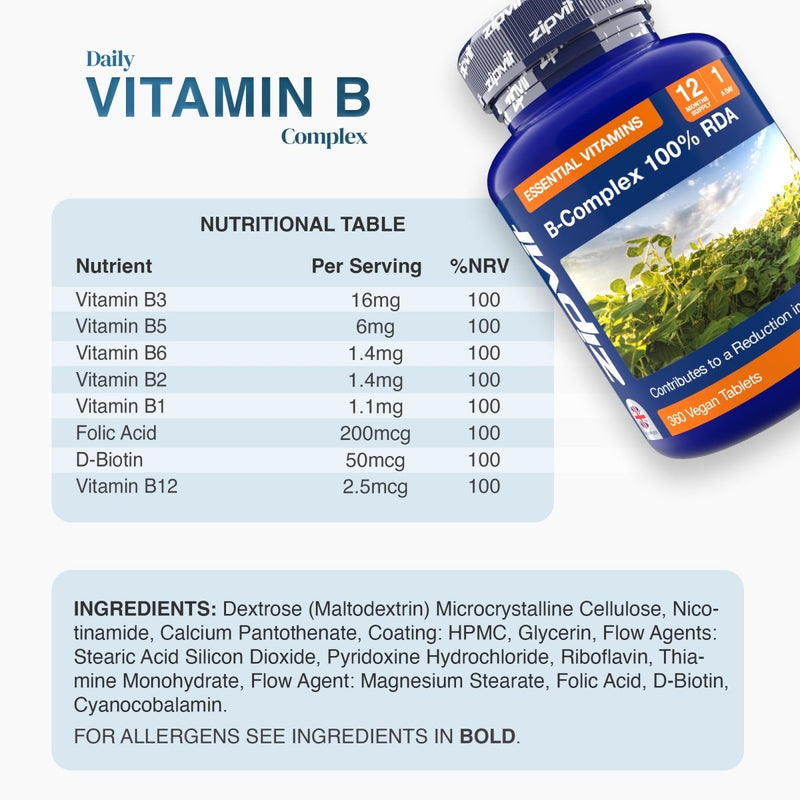 Blue B Complex 100% RDA bottle beside a rounded light blue nutritional table graphic.