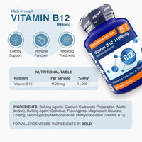 High strength Vitamin B12 1100mcg bottle displayed with energy support immune function and reduced tiredness icons on the left