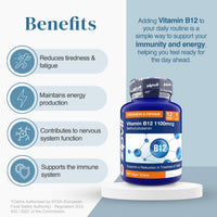 Benefits panel for Vitamin B12 1100mcg showing four rounded icons and descriptive text beside a blue bottle on a pedestal