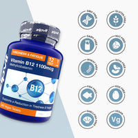 Vitamin B12 1100mcg bottle with a blue label and B12 graphic, plus icons showing GMO free gluten free dairy free and nut free