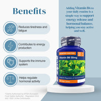 Benefits style layout with Vitamin B6 50mg bottle on display beside energy and hormonal balance icons.