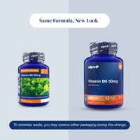 Comparison of old and new Zipvit Vitamin B6 50 mg packaging under the heading ‘Same Formula, New Look.’ Both bottles contain 360 vegan tablets for a 12-month supply. A note says customers may receive either design during the packaging transition.