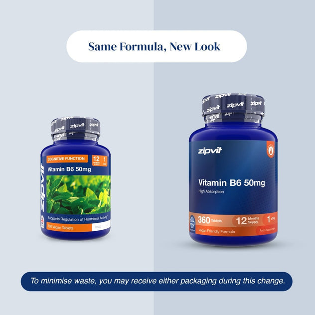 Comparison of old and new Zipvit Vitamin B6 50 mg packaging under the heading ‘Same Formula, New Look.’ Both bottles contain 360 vegan tablets for a 12-month supply. A note says customers may receive either design during the packaging transition.