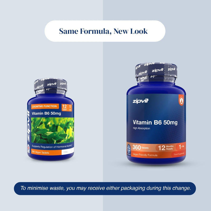 Comparison of old and new Zipvit Vitamin B6 50 mg packaging under the heading ‘Same Formula, New Look.’ Both bottles contain 360 vegan tablets for a 12-month supply. A note says customers may receive either design during the packaging transition.