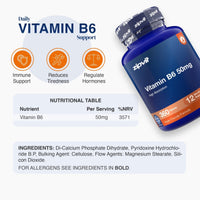 Zipvit Vitamin B6 50 mg bottle with icons for immune support, reduced tiredness and hormone regulation. Nutritional table shows 50 mg vitamin B6 per serving, providing 3,571% NRV, with the ingredients listed below.