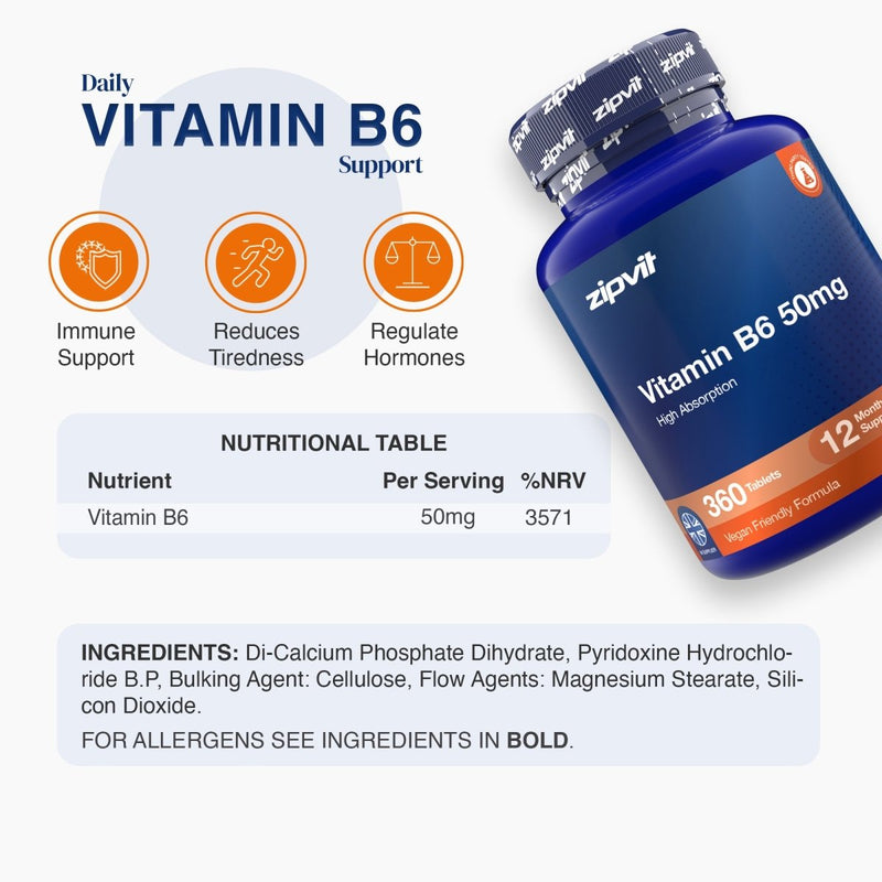 Zipvit Vitamin B6 50 mg bottle with icons for immune support, reduced tiredness and hormone regulation. Nutritional table shows 50 mg vitamin B6 per serving, providing 3,571% NRV, with the ingredients listed below.
