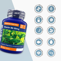 Blue Vitamin B6 bottle with circular icons signaling GMO free gluten free dairy free nut free wheat free and vegan.