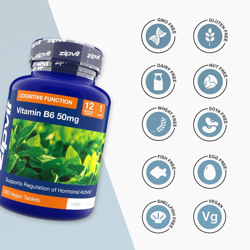 Blue Vitamin B6 bottle with circular icons signaling GMO free gluten free dairy free nut free wheat free and vegan.
