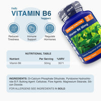 Vitamin B6 50 mg daily supplement bottle angled beside a nutrition table and vegan tablets label.