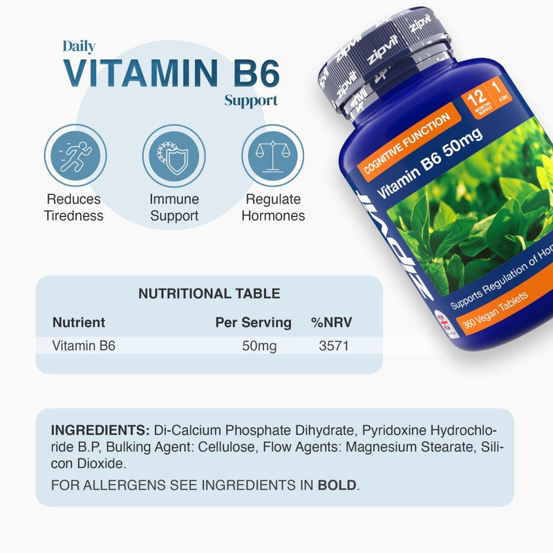 Vitamin B6 50 mg daily supplement bottle angled beside a nutrition table and vegan tablets label.