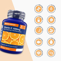 Vitamin C 1000mg Complex bottle with nine icons showing free from GMO gluten dairy nut wheat soya fish egg shellfish and vegan