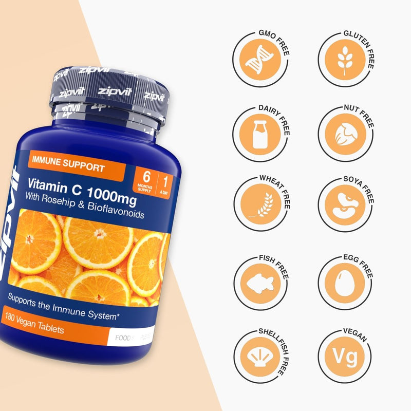 Vitamin C 1000mg Complex bottle with nine icons showing free from GMO gluten dairy nut wheat soya fish egg shellfish and vegan