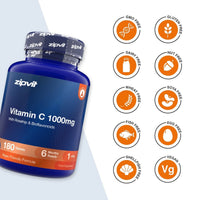 A blue bottle of zipvit Vitamin C 1000mg dietary supplement with a black ribbed cap, shown next to a list of certification icons on a white and light gray background.