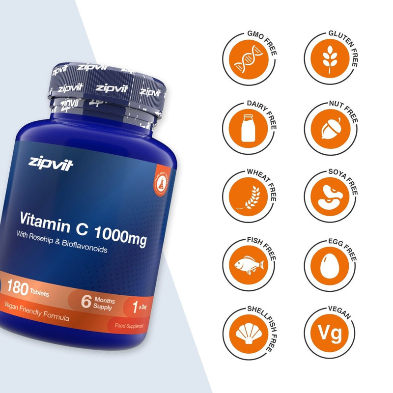 A blue bottle of zipvit Vitamin C 1000mg dietary supplement with a black ribbed cap, shown next to a list of certification icons on a white and light gray background.