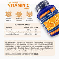 Vitamin C 1000mg Complex bottle with Rosehip and Bioflavonoids on label beside citrus imagery and nutrition table