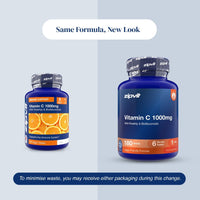 Two blue supplement bottles of zipvit Vitamin C 1000mg shown side by side on a light gray background, with text reading 'Same Formula, New Look' and a note about minimizing waste.