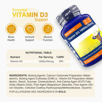 Blue Vitamin D3 1000iu bottle tilted to the right with essential support icons for bone health immune support and muscle function and a nutritional table in the background.