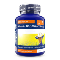Blue Vitamin D3 1000iu bottle displaying bone health label and a field scene