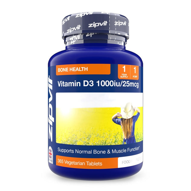 Blue Vitamin D3 1000iu bottle displaying bone health label and a field scene