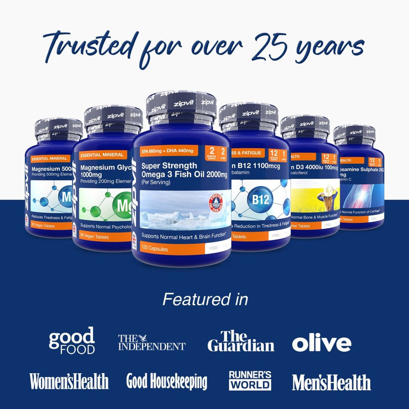 Row of Zipvit bottles with Trusted for over 25 years headline and logos beneath