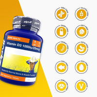 Blue Vitamin D3 bottle with a column of circular icons showing GMO Free Gluten Free Dairy Free Nut Free Wheat Free Soy Free Fish Free Egg Free Shellfish Free and Vegetarian.