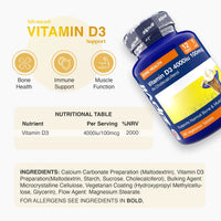 Advanced Vitamin D3 label with three icons bone health immune support and muscle function beside the blue bottle angled on the right