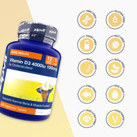 Blue Vitamin D3 4000iu bottle with bone health label and a row of free from icons for GMO free gluten free dairy free nut free wheat free soya free fish free egg free shellfish free and vegetarian