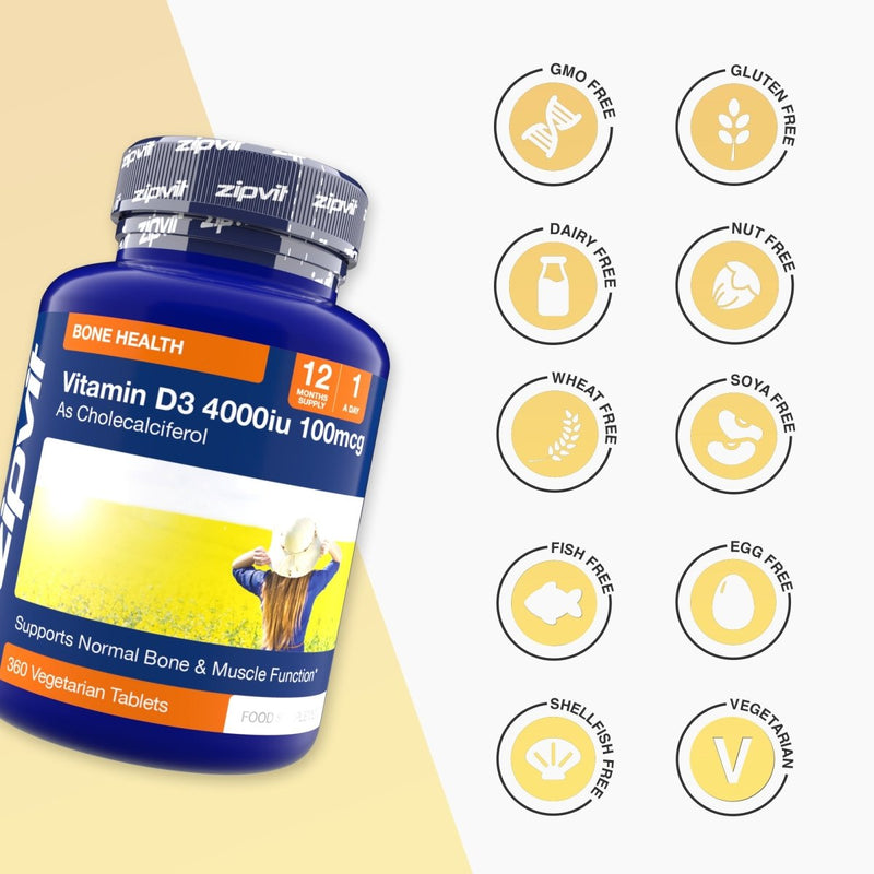 Blue Vitamin D3 4000iu bottle with bone health label and a row of free from icons for GMO free gluten free dairy free nut free wheat free soya free fish free egg free shellfish free and vegetarian