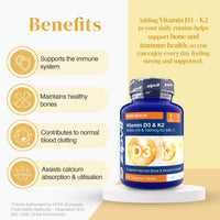 Benefits layout with three pale rounded cards beside the Vitamin D3 & K2 bottle