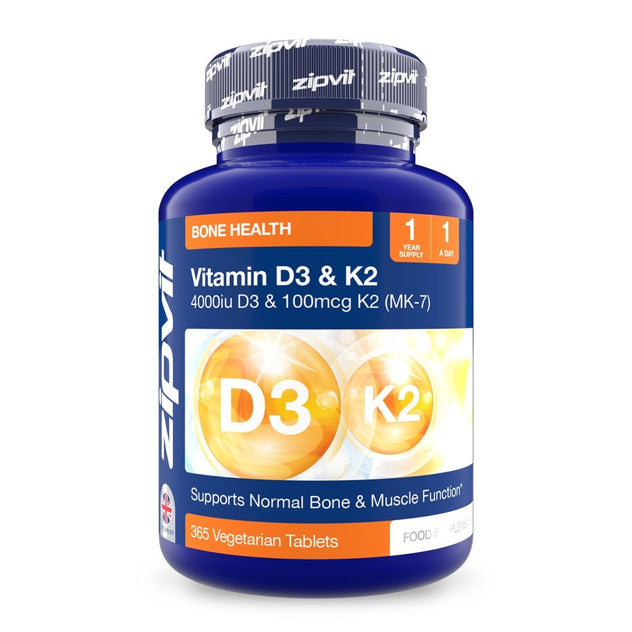 Blue bottle labeled Vitamin D3 & K2 4000iu 100mcg MK-7 with an orange accent on the label