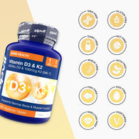 Blue Vitamin D3 and K2 bottle with nine icons GMO gluten dairy nuts wheat soya fish egg shellfish and vegetarian.