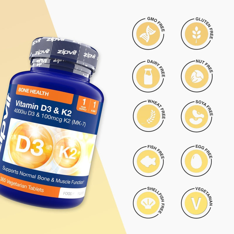 Blue Vitamin D3 and K2 bottle with nine icons GMO gluten dairy nuts wheat soya fish egg shellfish and vegetarian.