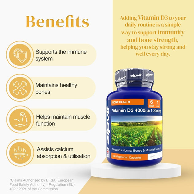Vitamin D3 4000iu softgels bottle with a left panel listing benefits like immune support bone health and muscle function.
