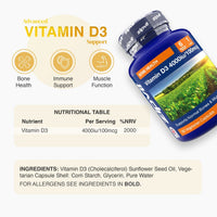 Advanced Vitamin D3 bottle angled to the right beside a nutrition table and ingredients section.