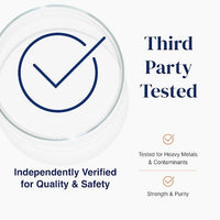 Promotional graphic with the text 'Third Party Tested' and 'Independently Verified for Quality & Safety,' plus smaller text stating 'Tested for Heavy Metals & Contaminants' and 'Strength & Purity,' alongside a large checkmark icon and a faint circular graphic on a light background.