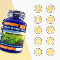 Blue Vitamin D3 4000iu bottle labeled 180 Vegetarian Capsules with round dietary icons on the right.