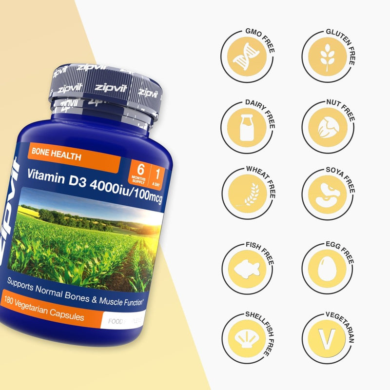 Blue Vitamin D3 4000iu bottle labeled 180 Vegetarian Capsules with round dietary icons on the right.