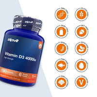 A blue bottle of zipvil Vitamin D3 4000iu capsules shown on a white background with orange circular icons highlighting dietary features like GMO Free, Gluten Free, Dairy Free, Nut Free, Wheat Free, Soya Free, Fish Free, Egg Free, Shell/Fish Free, and Vegetarian.