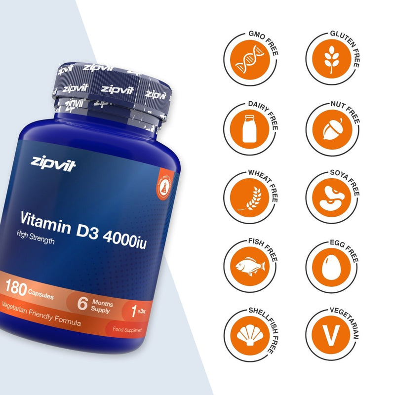 A blue bottle of zipvil Vitamin D3 4000iu capsules shown on a white background with orange circular icons highlighting dietary features like GMO Free, Gluten Free, Dairy Free, Nut Free, Wheat Free, Soya Free, Fish Free, Egg Free, Shell/Fish Free, and Vegetarian.