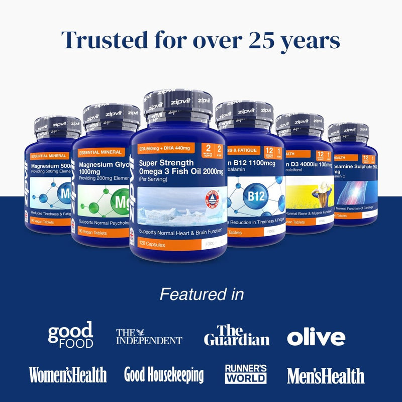 Row of Zipvit supplement bottles with the trusted for over 25 years banner and media logos below.