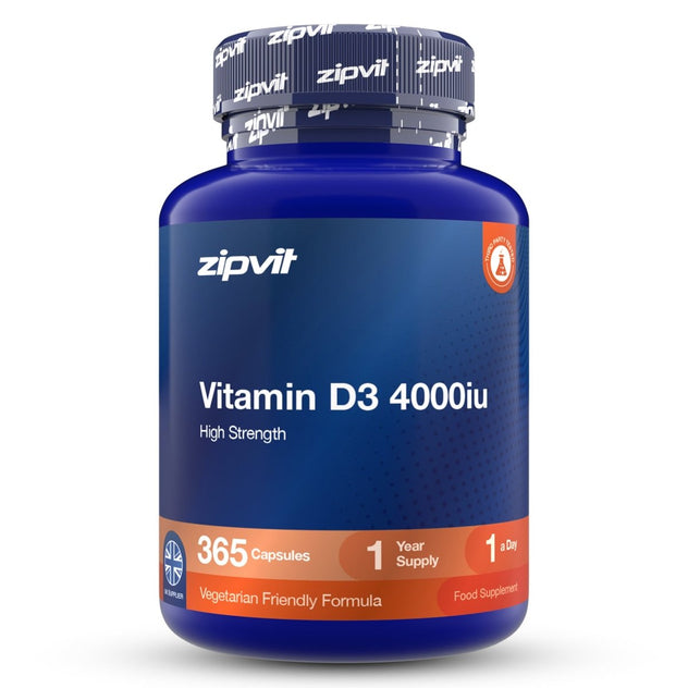 A blue bottle of zipvit Vitamin D3 4000iu dietary supplement, containing 365 capsules, shown on a clean white background.