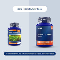 Two blue supplement bottles of zipvit Vitamin D3 4000iu are shown side by side on a light gray background with text reading 'Same Formula, New Look' and a note about minimizing waste during a formula change.