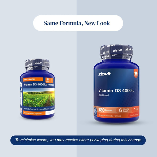 Two blue supplement bottles of zipvit Vitamin D3 4000iu are shown side by side on a light gray background with text reading 'Same Formula, New Look' and a note about minimizing waste during a formula change.