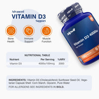 A bottle of zipvit Vitamin D3 4000iu High Strength dietary supplement shown on a clean white background with informational graphics, including a nutritional table and key benefits for bone health, immune support, and muscle function.