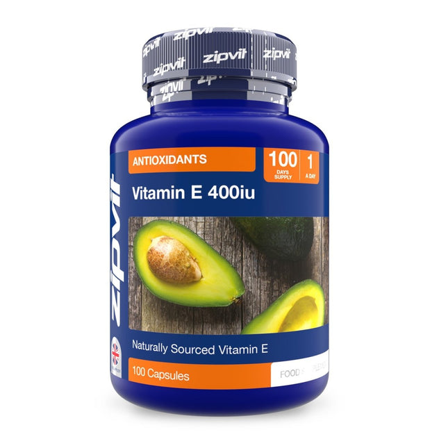 Vitamin E 400iu bottle with avocado on the label and nuts in the background.