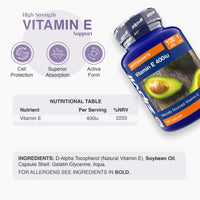 Blue Vitamin E 400iu bottle with avocado image on label and icons for cell protection, superior absorption, and active form